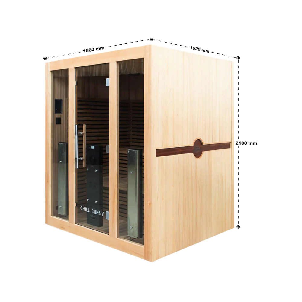 Chill Bunny indoor infrared sauna with wooden frame and glass door for home relaxation