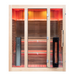 Chill Bunny Indoor Infrared Sauna with wooden slats and glass door featuring red heating elements