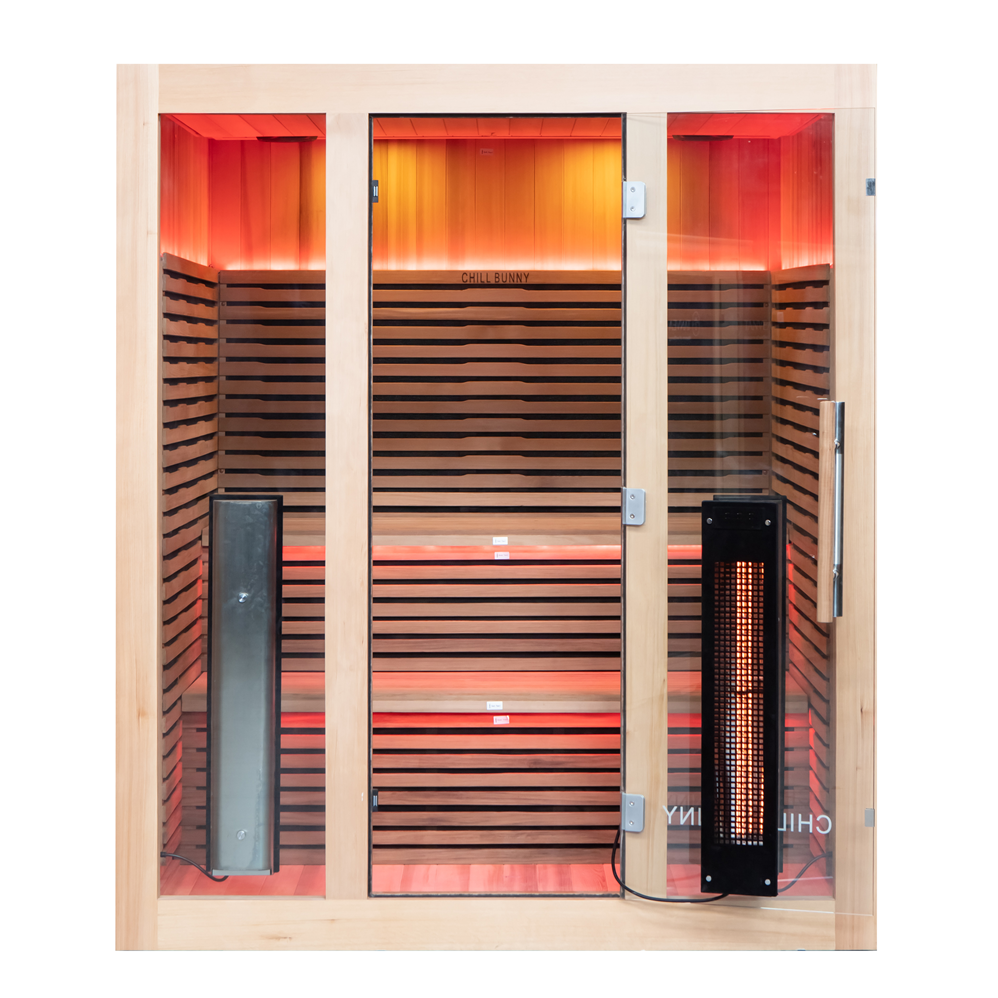 Chill Bunny Indoor Infrared Sauna with wooden slats and glass door featuring red heating elements