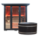 Chill Bunny sauna with black frame and wooden interior glowing with warm lights next to a matching black ice bath