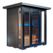 Chill Bunny modern sauna with black exterior and glass front door showing wooden interior benches