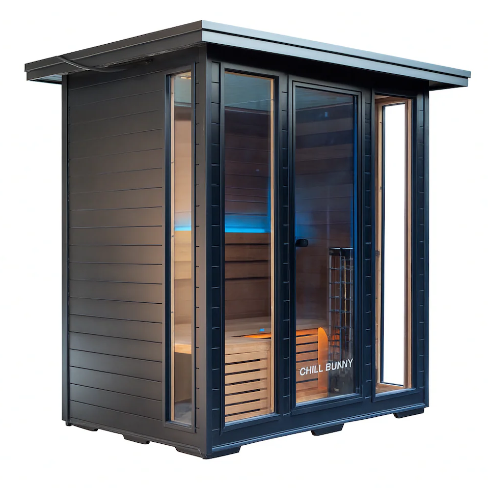Chill Bunny modern sauna with black exterior and glass front door showing wooden interior benches