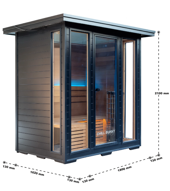 Chill Bunny sauna with modern black exterior and glass doors showing wooden interior benches
