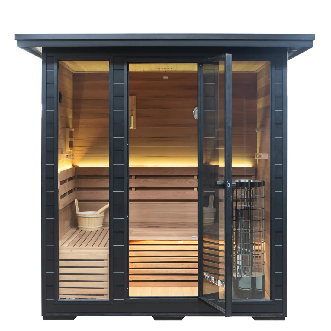 Chill Bunny sauna with black frame and glass door showcasing wooden interior benches and heater