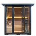 Chill Bunny sauna with black frame and glass door showcasing wooden interior benches and heater