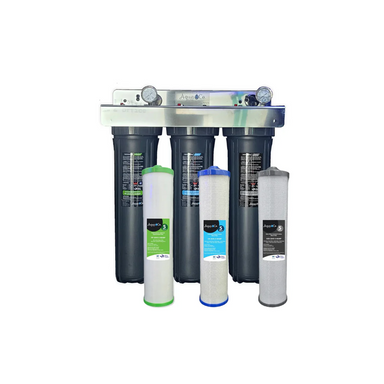 Three stage whole house Water filtration system on a white background