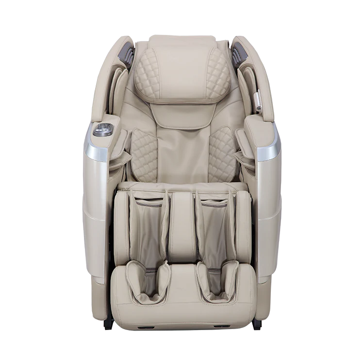 Beige Masseuse massage chair with quilted padding and multiple comfort zones for full body relaxation