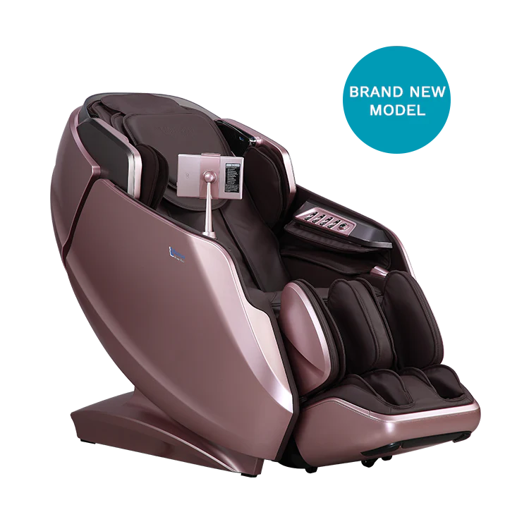 Masseuse massage chair in rose gold with black cushions and built-in control panel for full body relaxation