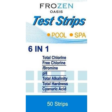 Frozen Oasis test strips packaging for pool and spa with 6-in-1 testing capabilities.