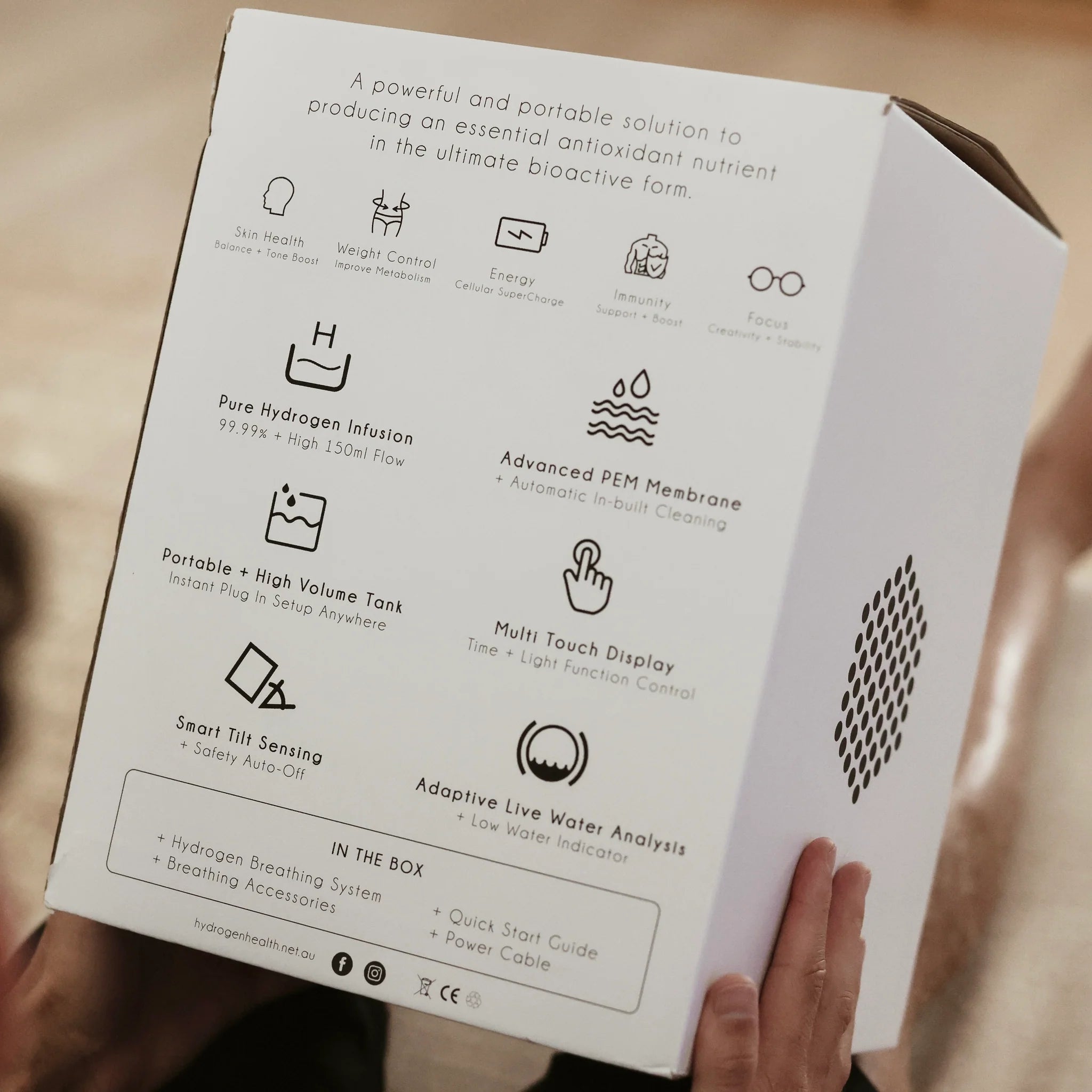 HYDROGEN HEALTH hydrogen breathing system box showcasing features such as pure hydrogen infusion and multi touch display