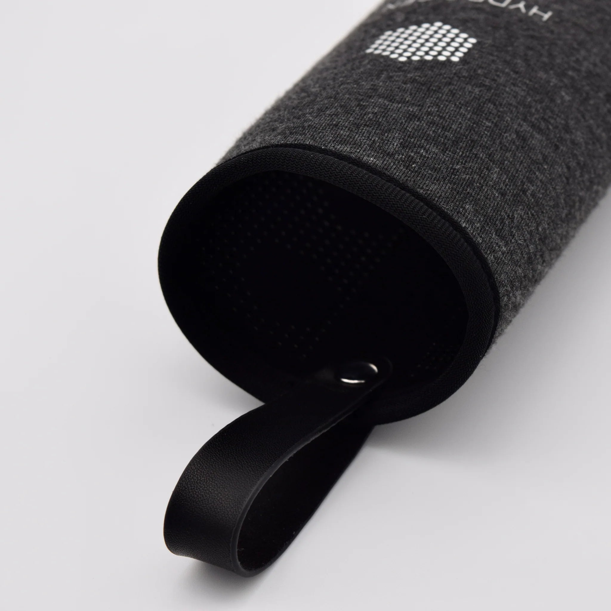 HYDROGEN HEALTH gray fabric hydrogen water bottle cover with black handle strap