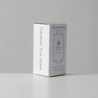 Hydrogen Health shower filter replacement cartridge box with minimalist white design for personal care