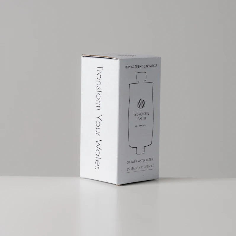 Hydrogen Health shower filter replacement cartridge box with minimalist white design for personal care