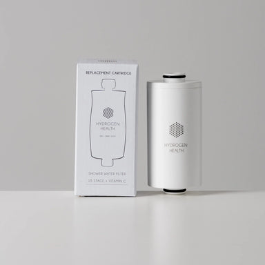 Hydrogen Health shower filter replacement cartridge with white packaging and clean design