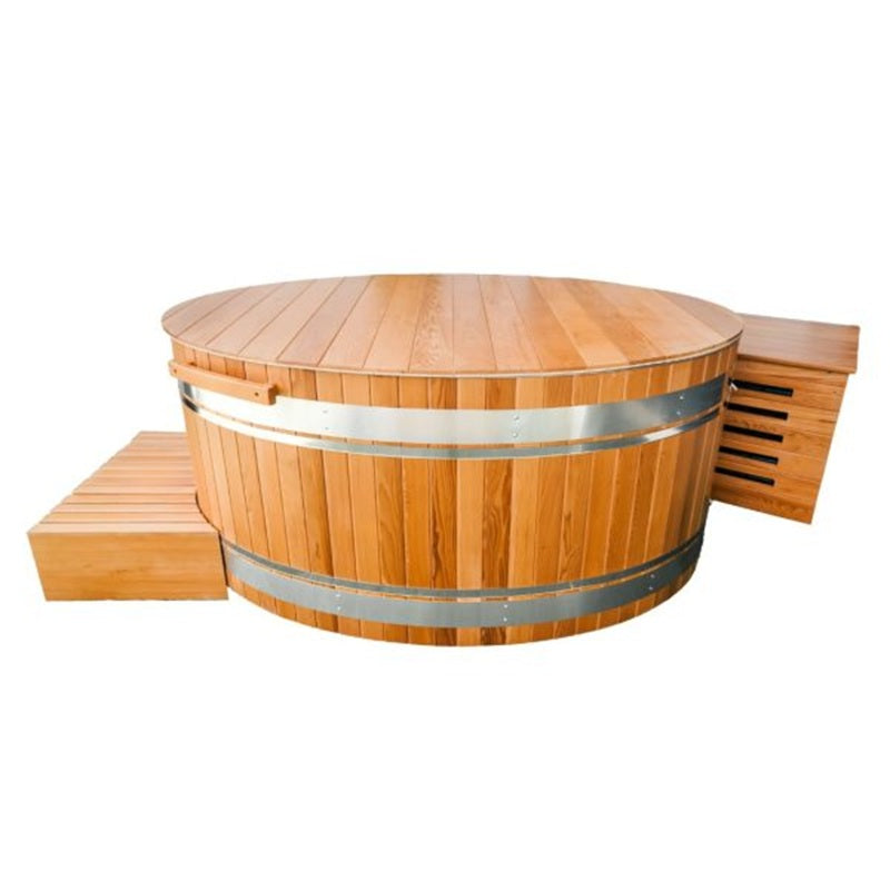 Stryke Recovery wooden ice bath tub with metal bands and wooden steps for cold therapy