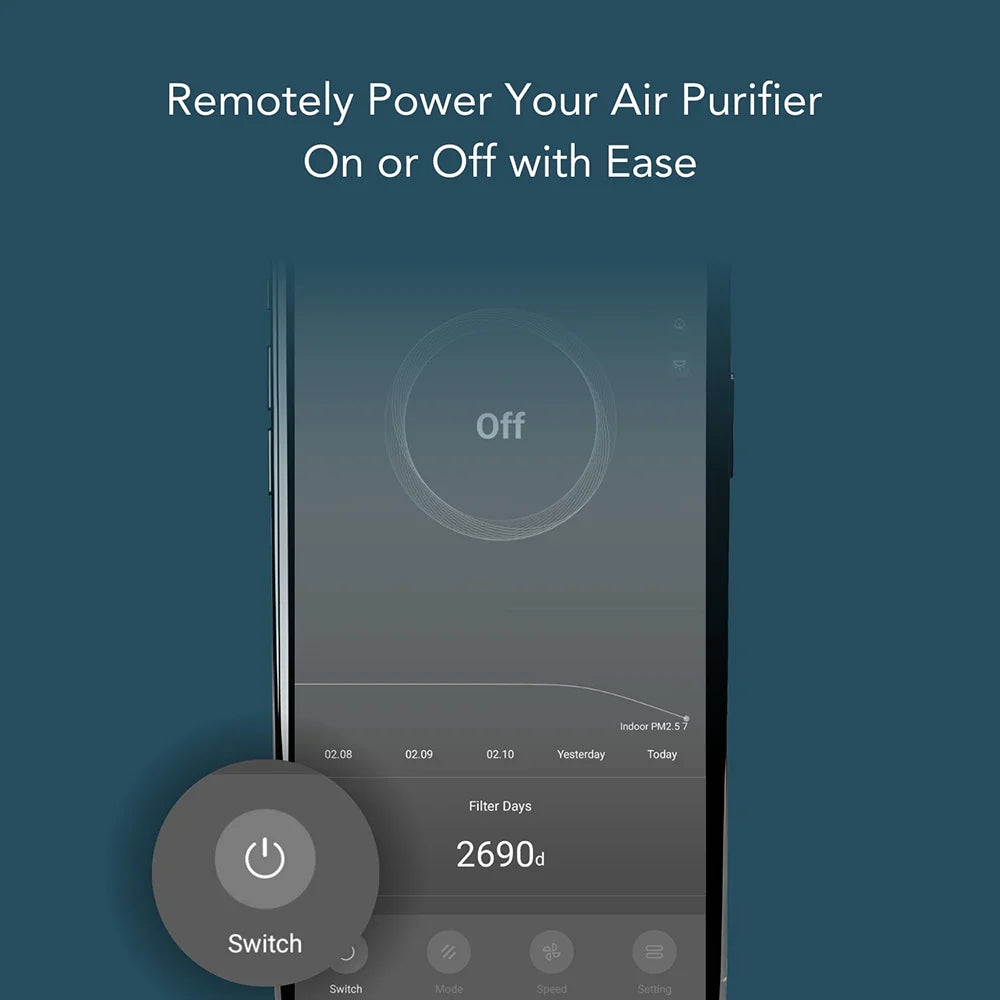 Ionmax air purifier remote control app showing power switch and filter days on smartphone screen