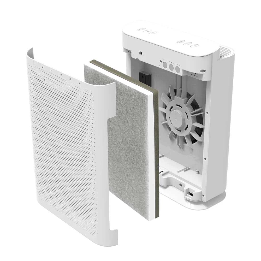 Ionmax air purifier with removable front panel and internal filter visible for clean air