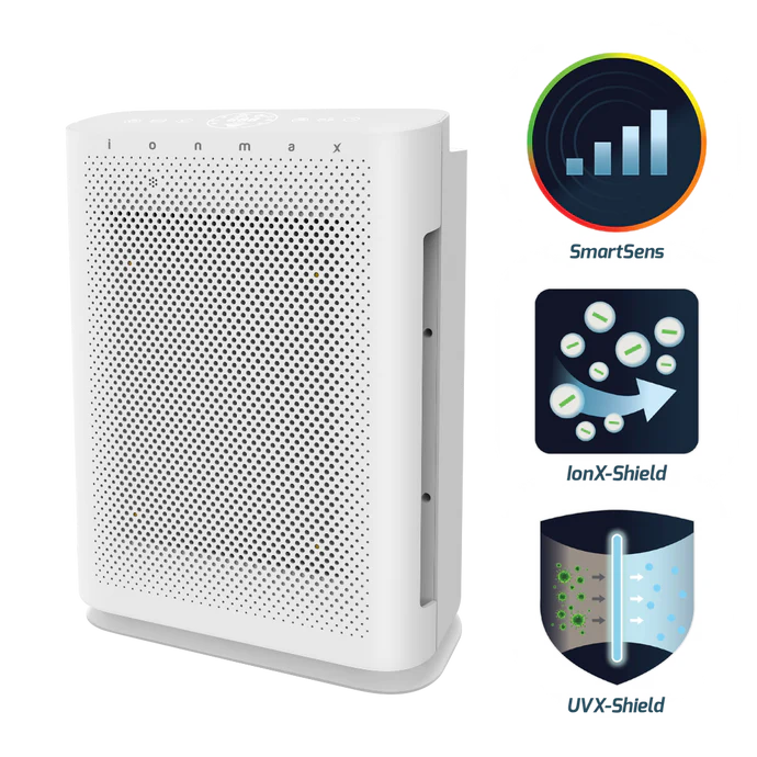 Ionmax air purifier in white with SmartSens, IonX-Shield, and UVX-Shield technology features