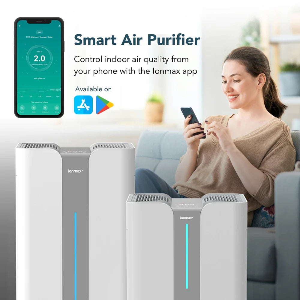 Ionmax smart air purifier with app control shown with a woman using phone to monitor indoor air quality