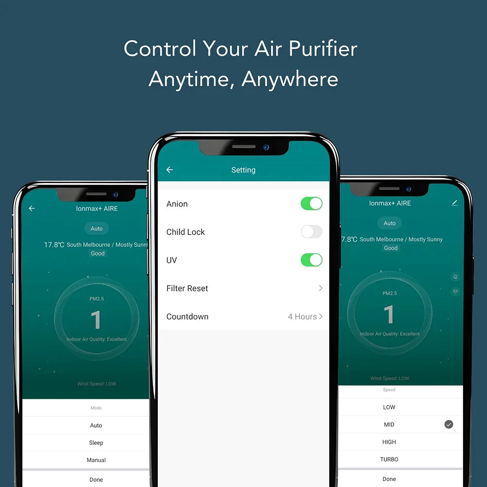 Ionmax air purifier app interface showing control settings and air quality monitoring on smartphones