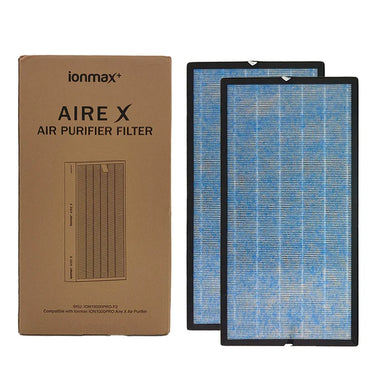 Ionmax Aire X Air Purifier Replacement Filter pack with two blue filters and brown packaging box