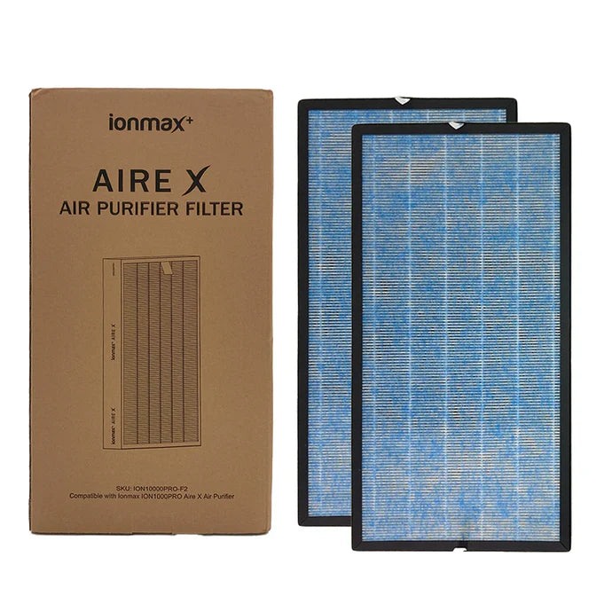 Ionmax Aire X Air Purifier Replacement Filter pack with two blue filters and brown packaging box