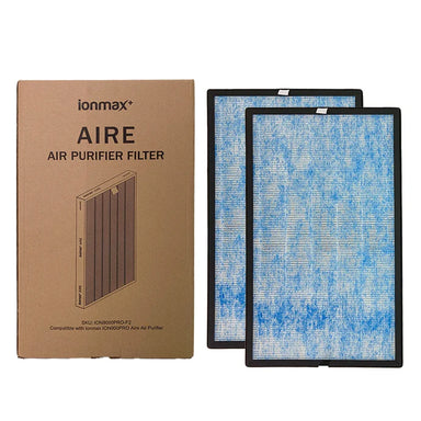 Ionmax air purifier replacement filter set with two blue rectangular filters and brown packaging box