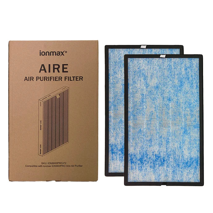Ionmax air purifier replacement filter set with two blue rectangular filters and brown packaging box