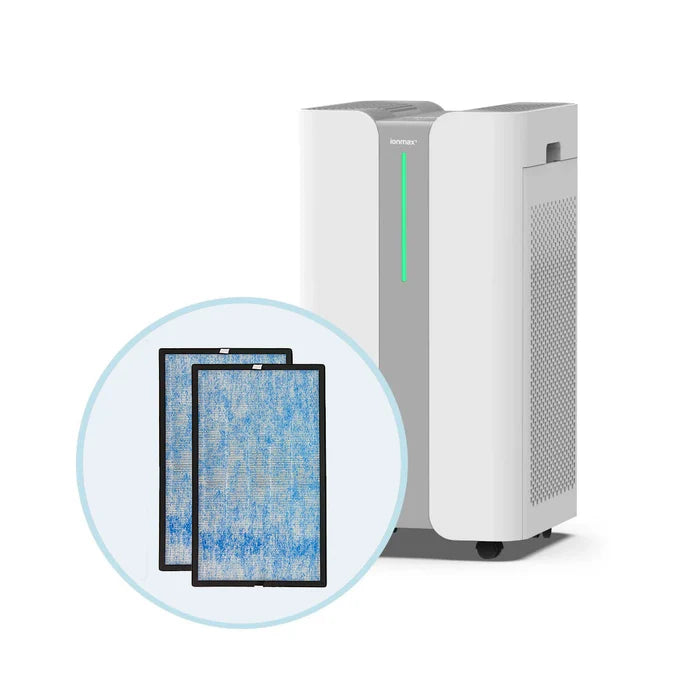 Ionmax air purifier with two blue air purifier replacement filters displayed in front
