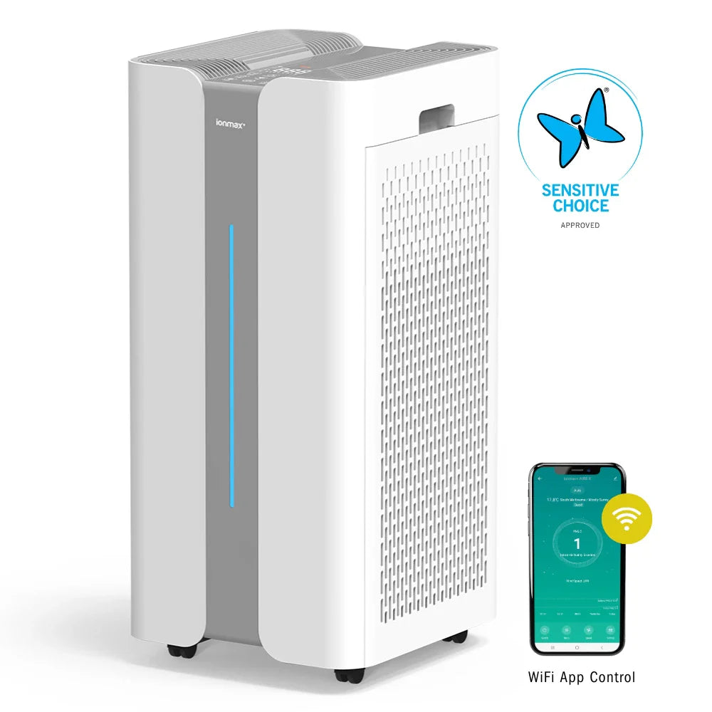 Ionmax air purifier with WiFi app control and Sensitive Choice approval in white and gray design