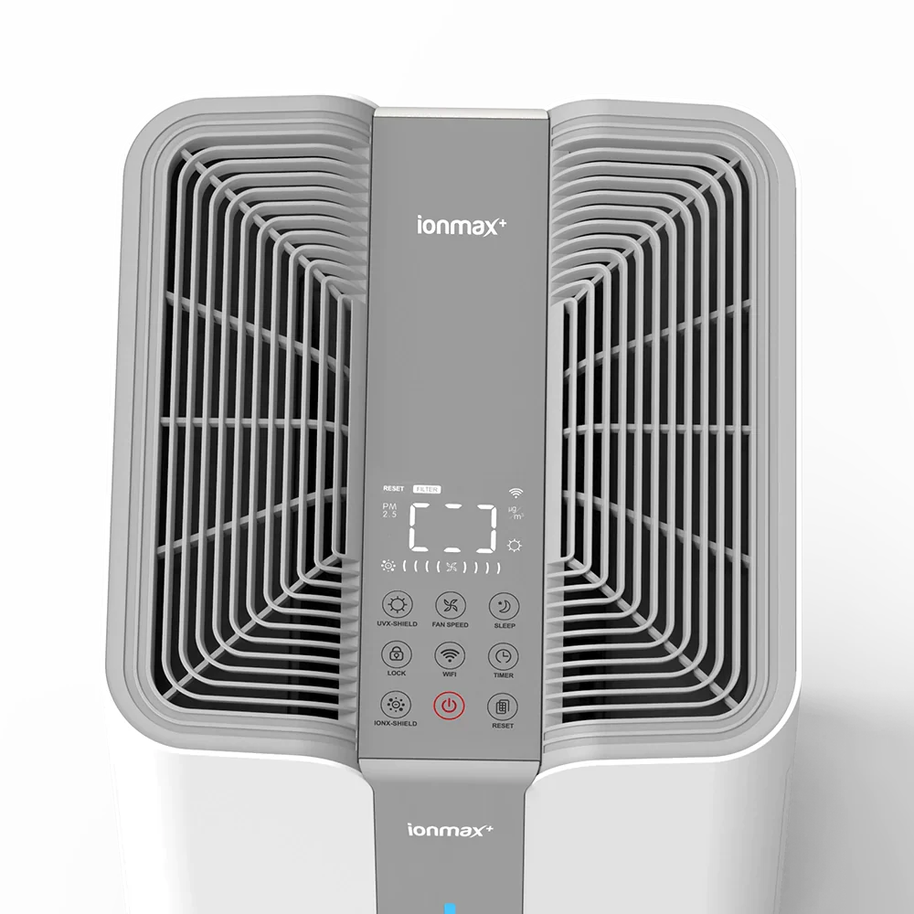 Ionmax white and gray air purifier with digital control panel and multiple function buttons