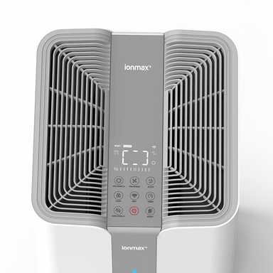 Ionmax white and gray air purifier with digital control panel and multiple function buttons