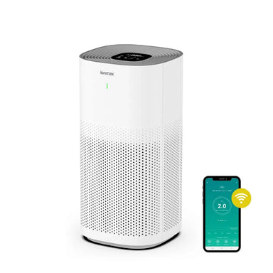 Ionmax air purifier with white perforated design and smartphone app control for air quality monitoring