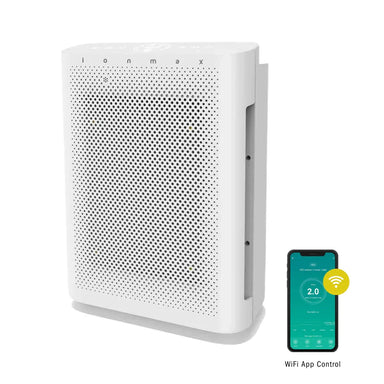 Ionmax white air purifier with perforated front panel and WiFi app control on smartphone