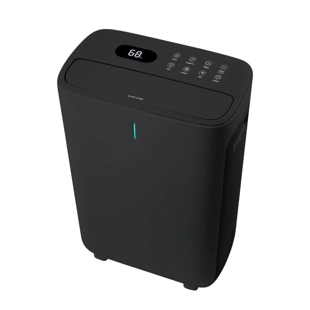 Ionmax black dehumidifier with digital display and touch control panel for moisture removal