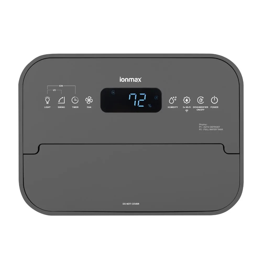 Ionmax dehumidifier with digital display showing 72 percent humidity and multiple function icons