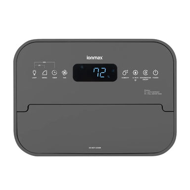 Ionmax dehumidifier with digital display showing 72 percent humidity and multiple function icons