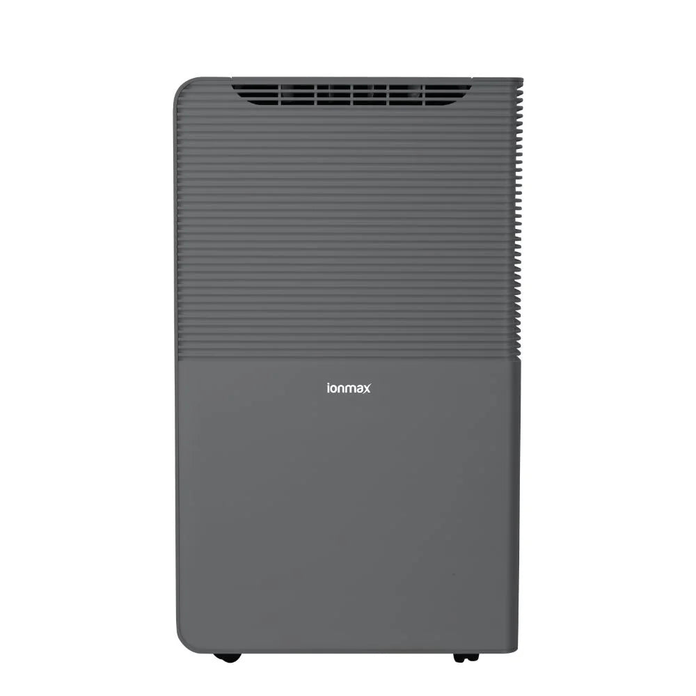 Ionmax gray dehumidifier with compact design and front air vents for efficient moisture control