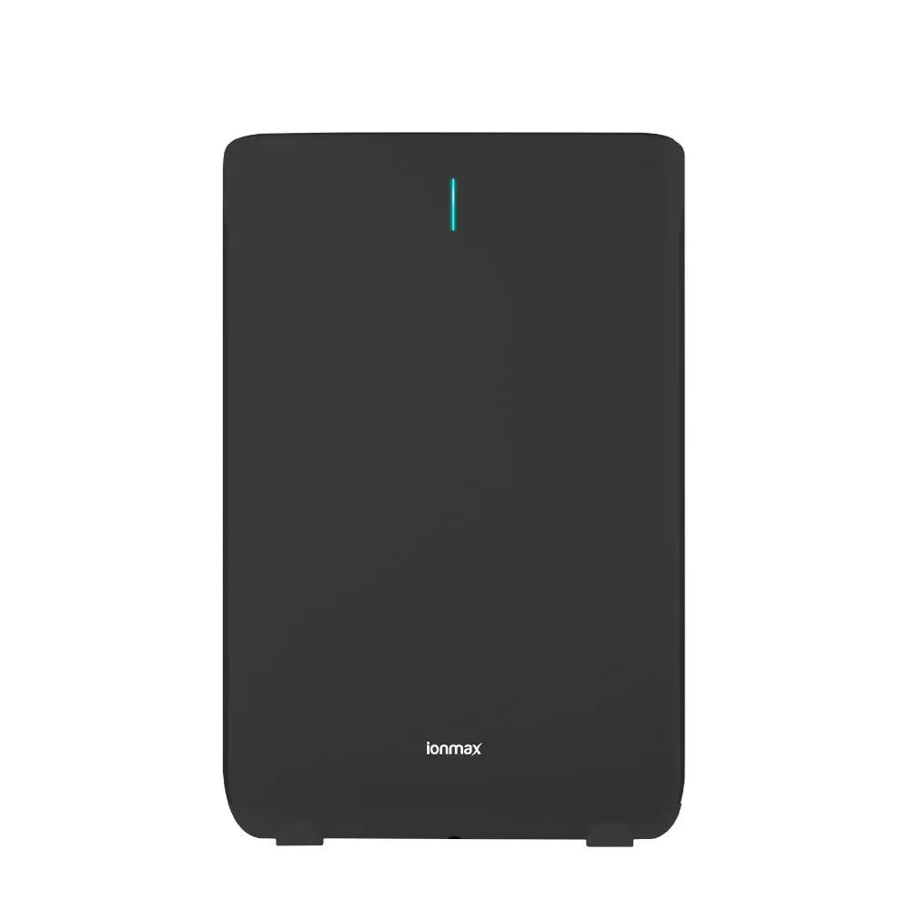 Ionmax sleek black dehumidifier with minimalist design and blue indicator light
