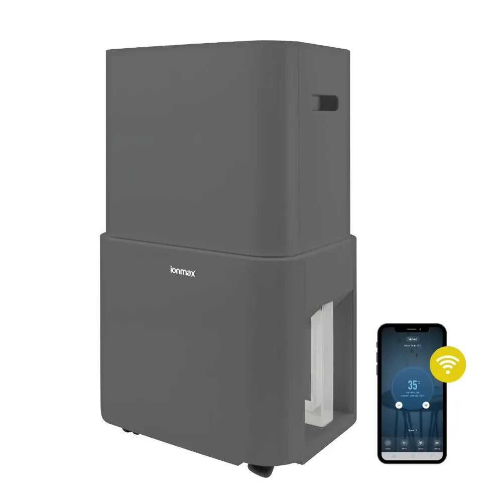 Ionmax gray dehumidifier with smartphone app control showing humidity settings on screen