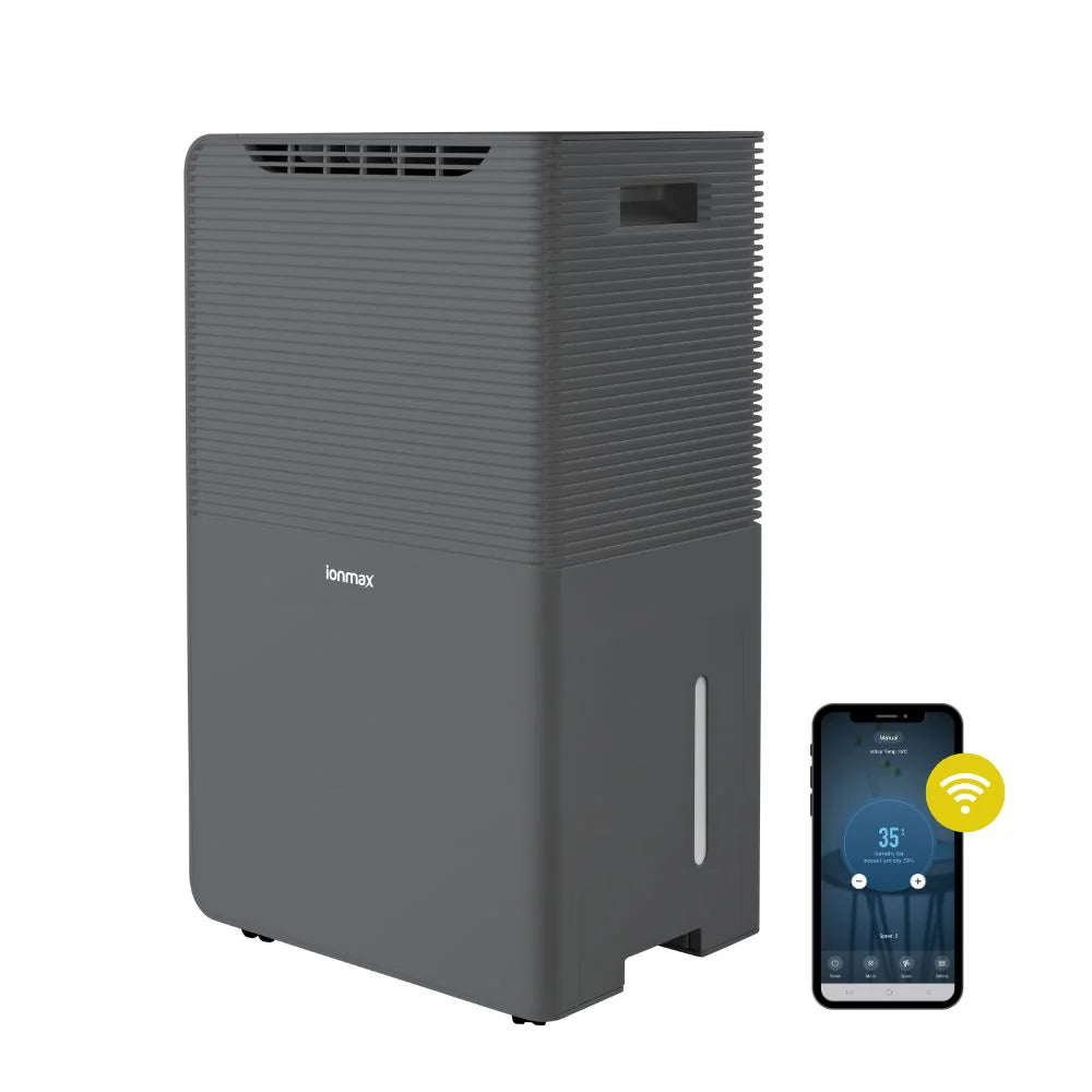 Ionmax gray dehumidifier with wireless smartphone control for efficient humidity management