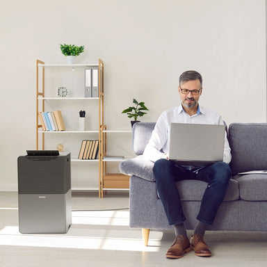 Ionmax dehumidifier in modern living room with man using laptop on gray sofa