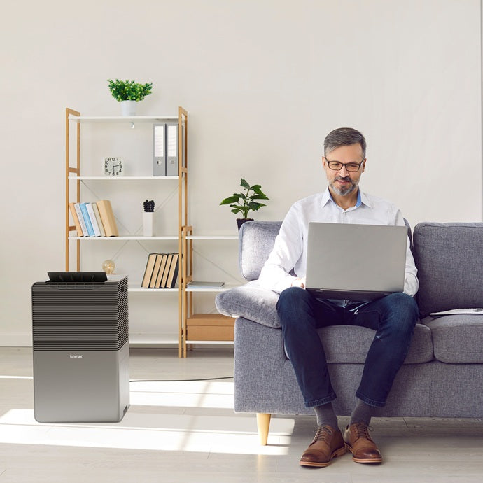 Ionmax dehumidifier in modern living room with man using laptop on gray sofa