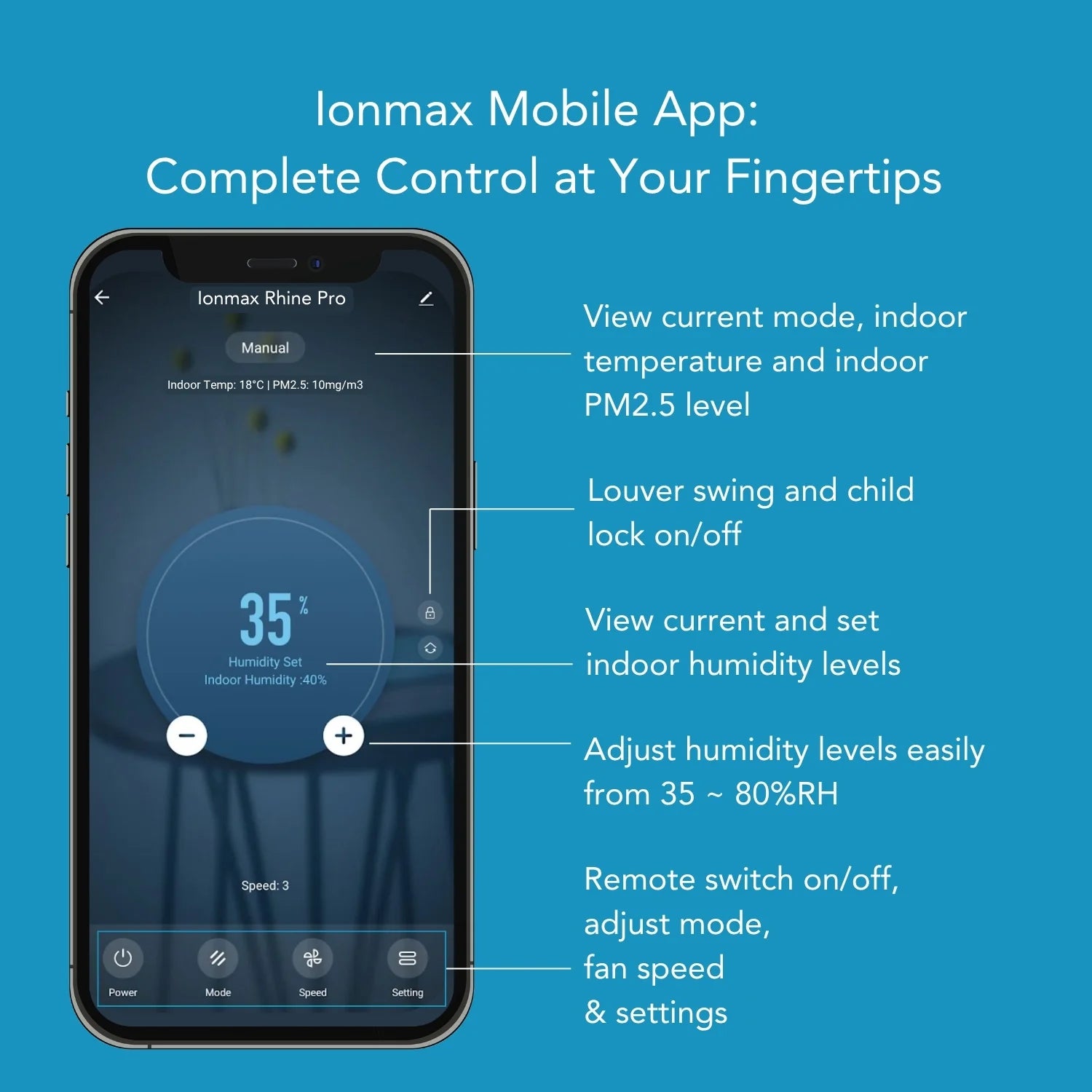 Ionmax mobile app interface showing control features for dehumidifier humidity levels and settings