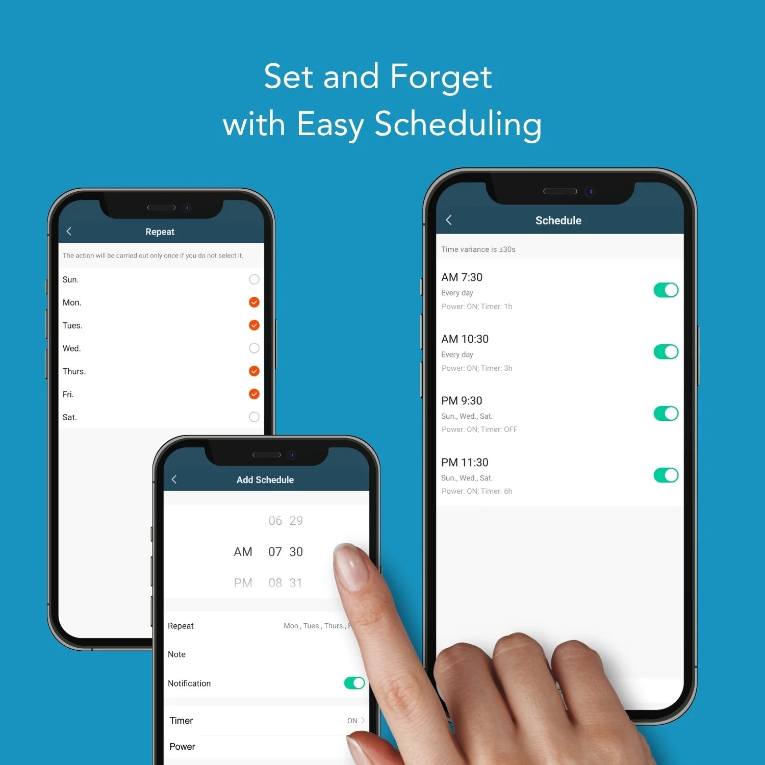 Ionmax dehumidifier app showing easy scheduling features with set and forget options on smartphones