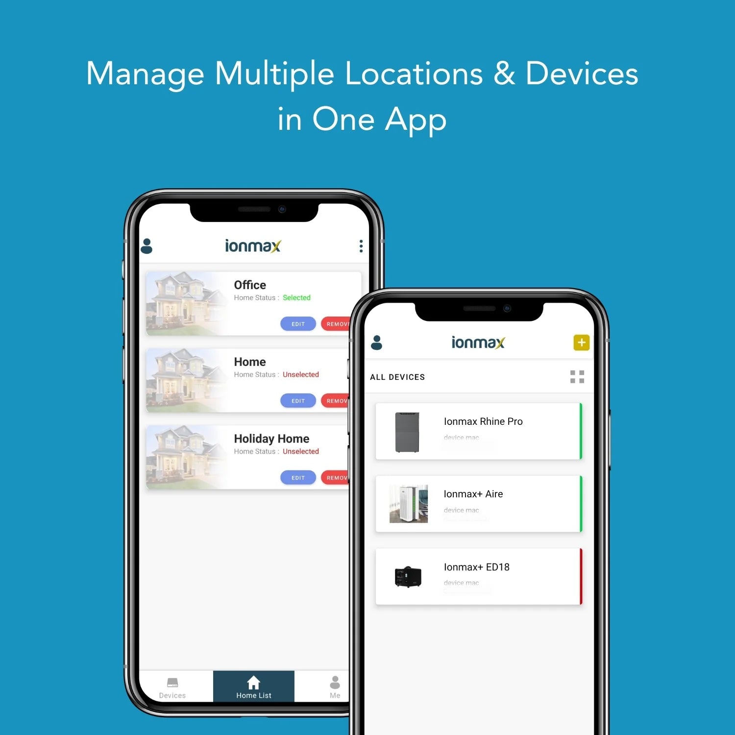 Ionmax dehumidifier app managing multiple dehumidifiers like Rhine Pro and Aire from mobile devices