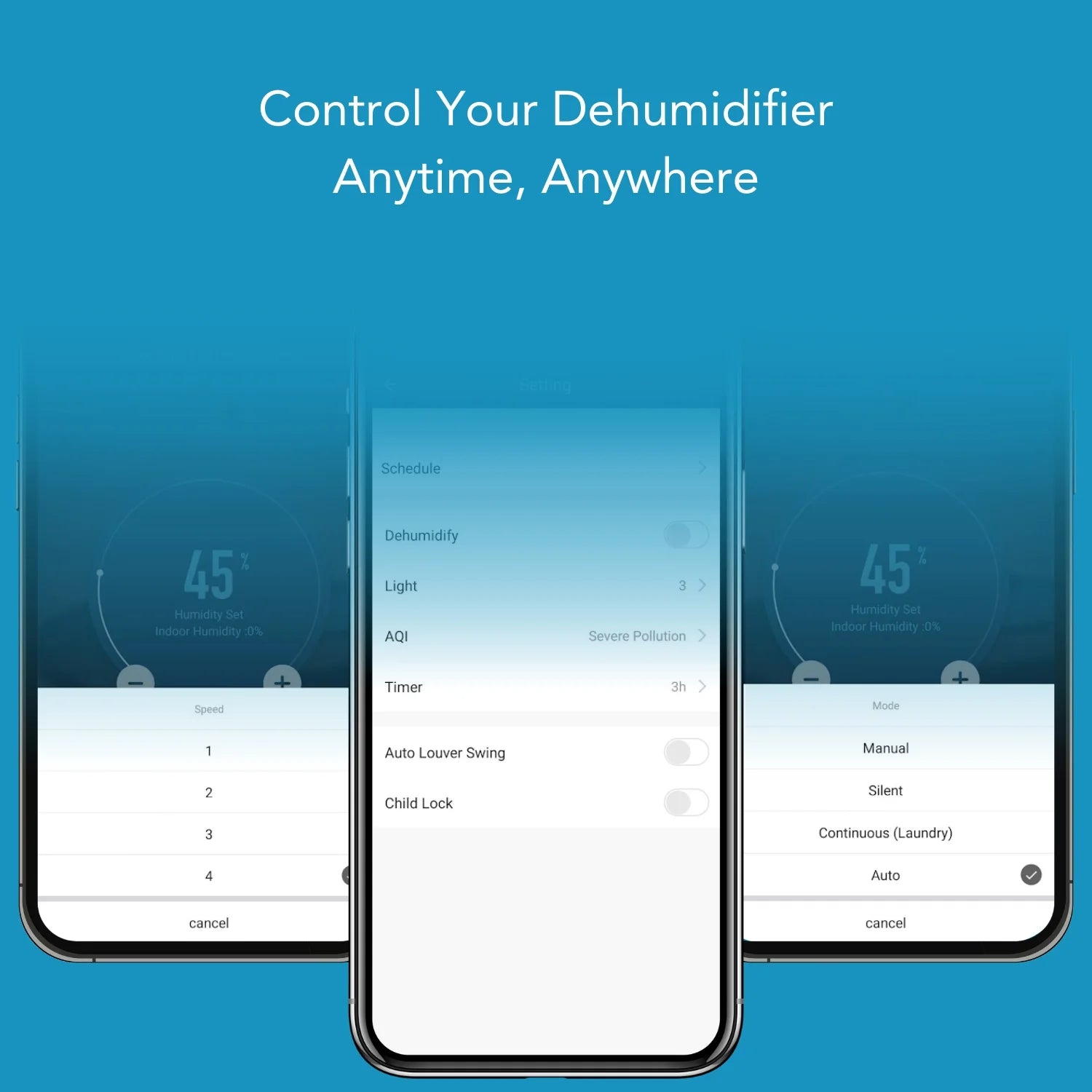 Ionmax dehumidifier app interface showing control options like timer, child lock, and mode settings