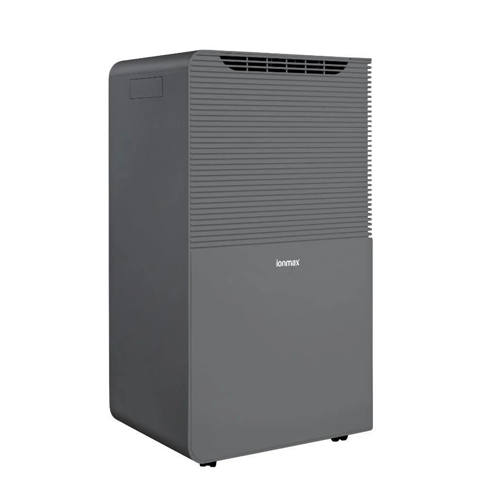 Ionmax grey compact dehumidifier with top air vent for efficient moisture removal