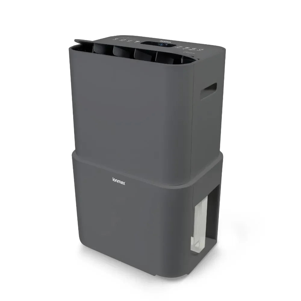 Ionmax gray dehumidifier with digital display and water tank for moisture control