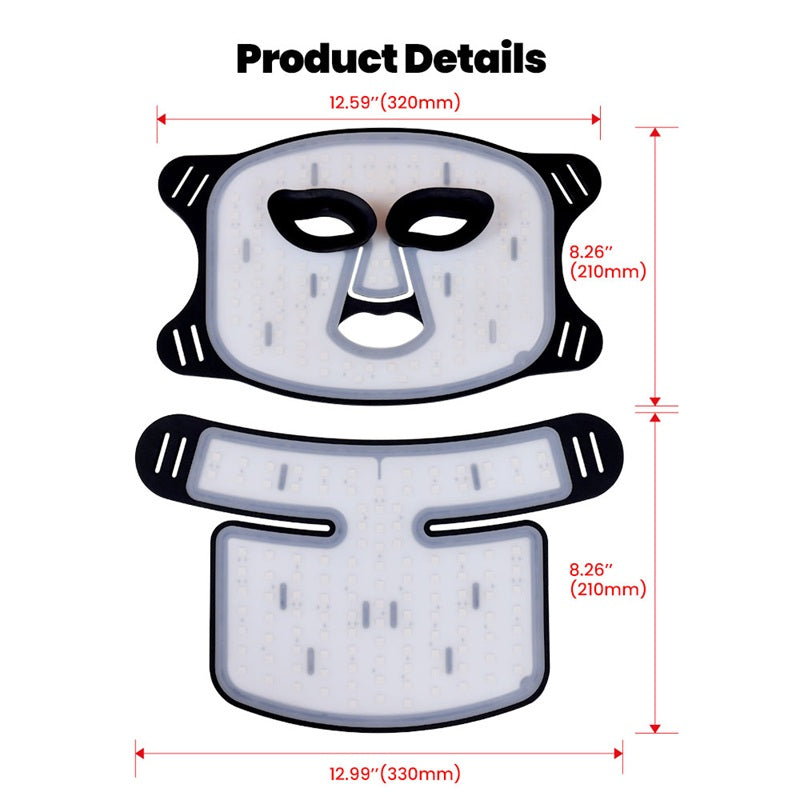 Stryke Recovery LED facial mask showing front and neck pieces with detailed dimensions